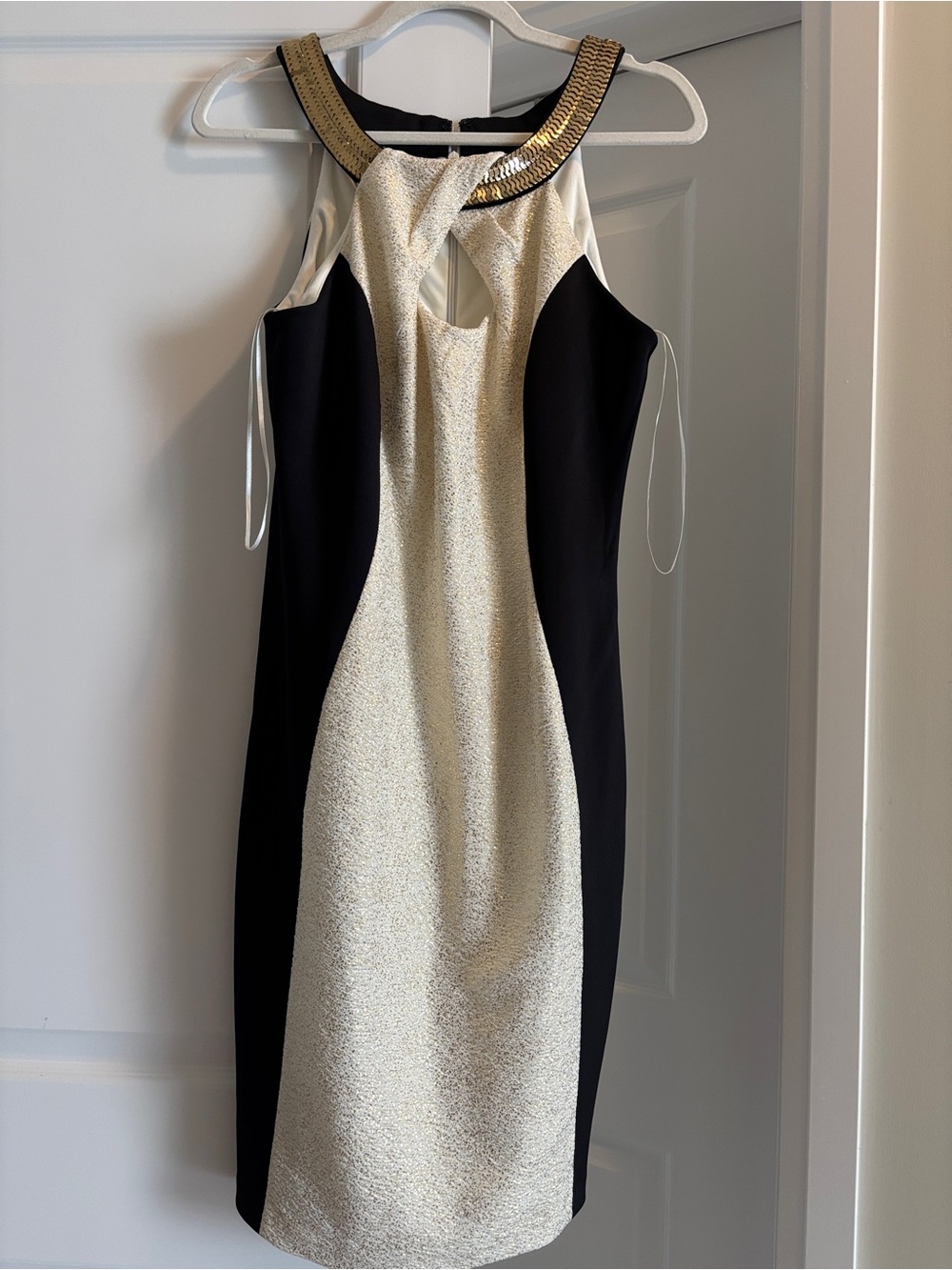 Jax Black and Cream Midi Dress with Gold Trimmed Neck